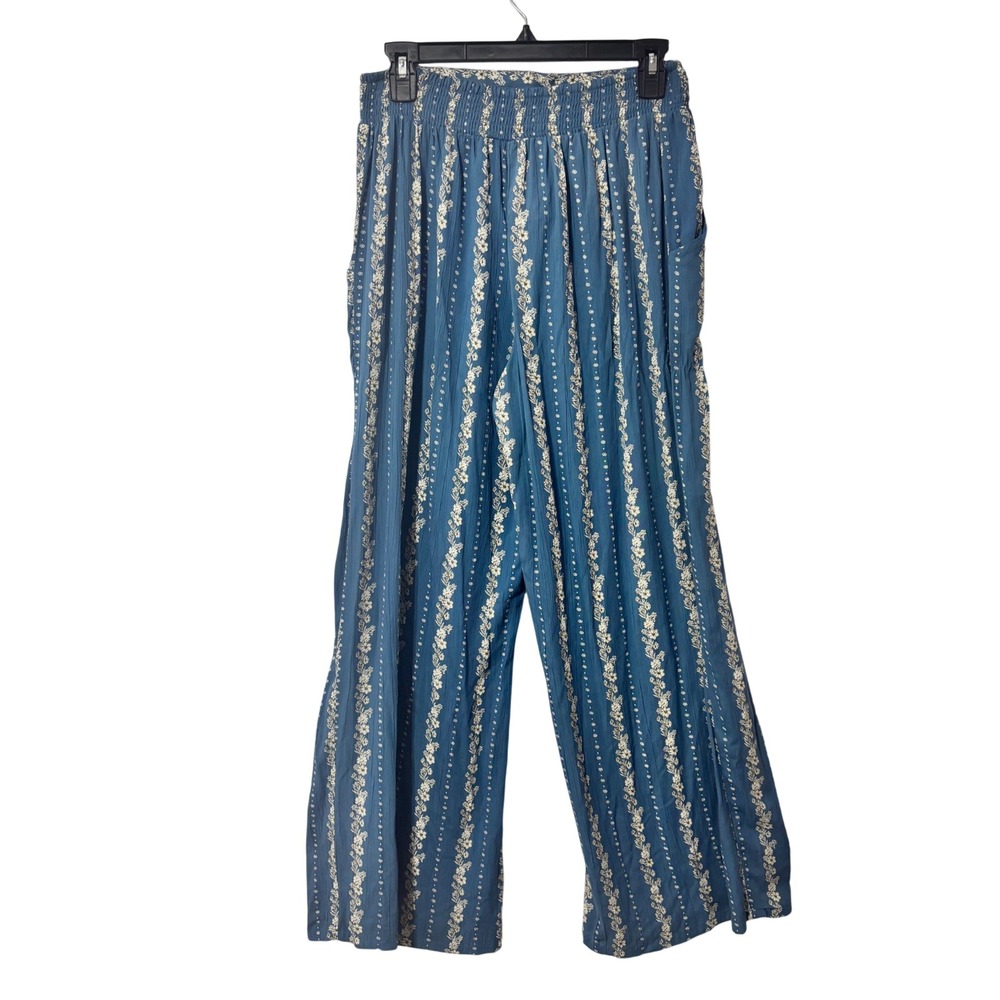 Angie Womens Blue Floral Stripe Wide Leg Smocked Back Tie Waist Pants Size M NEW - Picture 2 of 9